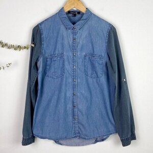 Forever 21 Two-Tone Indigo Blue Chambray Snap Top